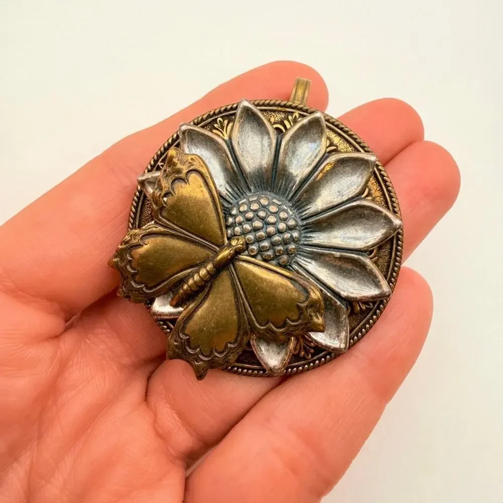 Signed Cappy Vtg Sunflower Butterfly Concho Clip Brass Silver Western Cowboy